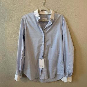 Figaret Paris Julia Blue Stripe Lace Collar Button Down Shirt Size 36